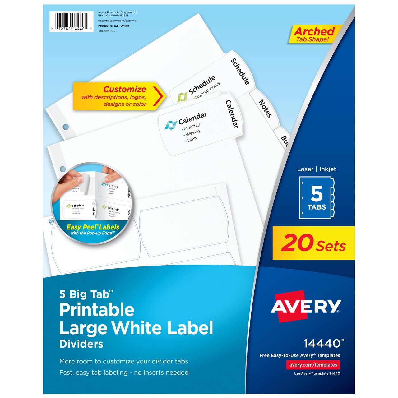 Avery Big Tab Printable Large White Label Dividers for 3 Ring Binders, 5 Tabs per Set, White (20 Sets of 14440)
